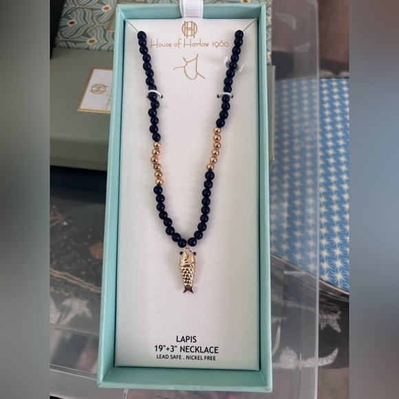 House of Harlow 1960 Jewelry - House of Harlow 1960 Navy and Gold Fish Pendant Necklace